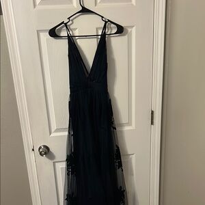 Blue Tiered Backless Gown with Plunge Neckline size Large